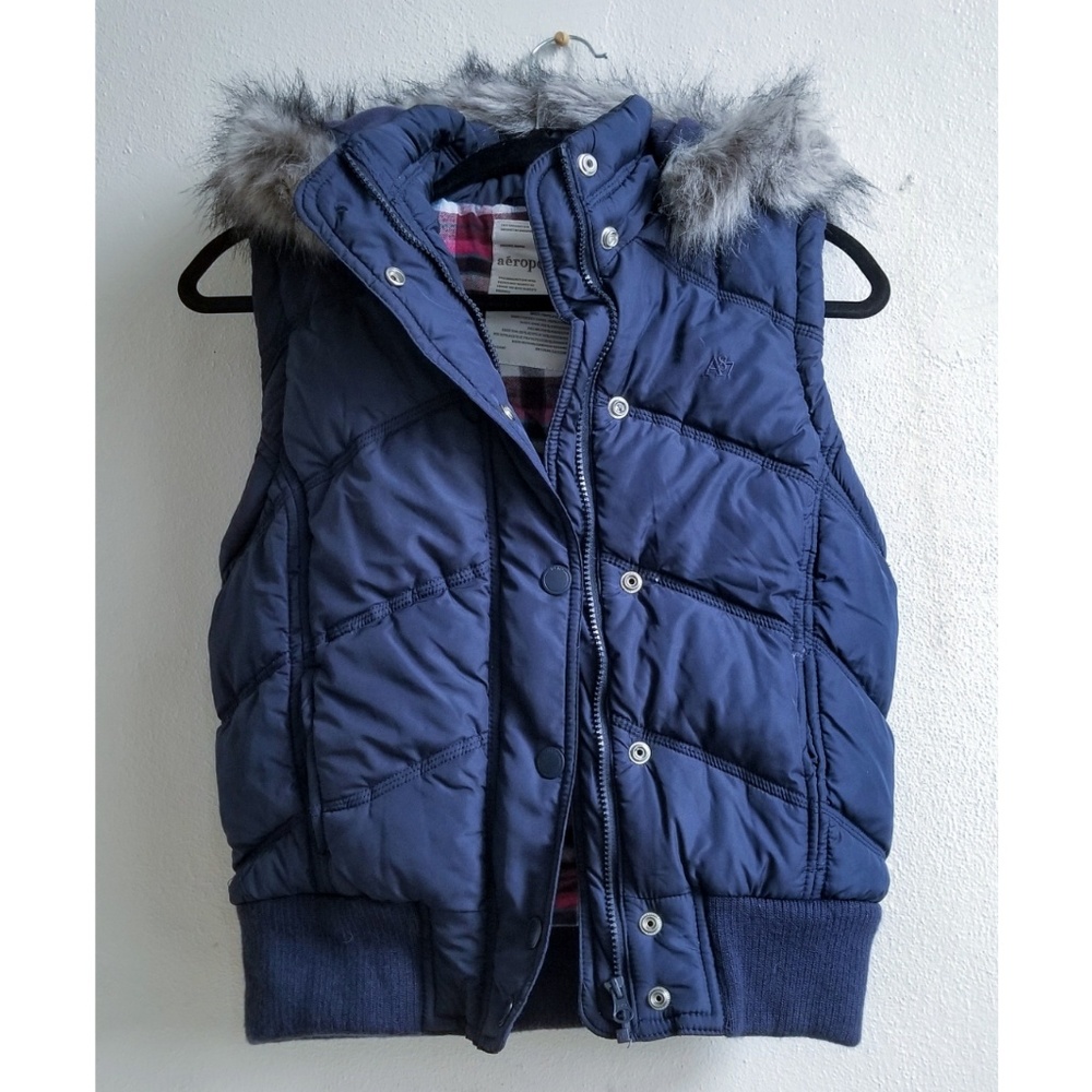 Aeropostale Puffy Blue Vest Fur Hood